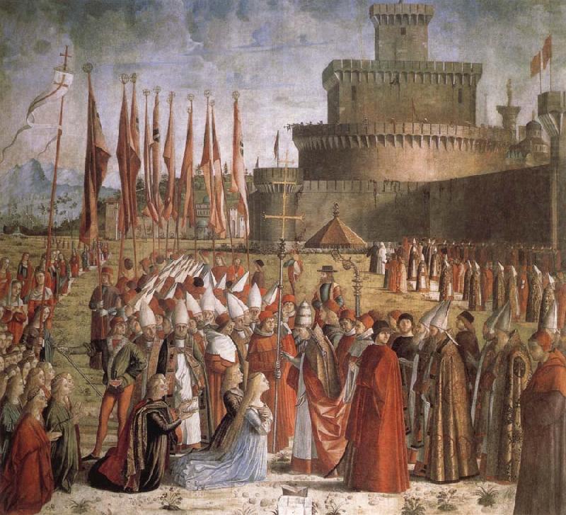 CARPACCIO, Vittore Scenes from the Life of St Ursula:The Pilgrims are met by Pope Cyriacus in front of the Walls of Rome china oil painting image
